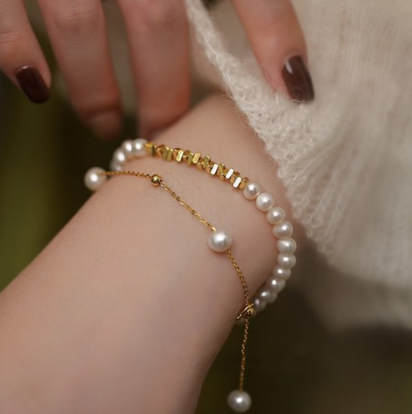 담수 진주 팔찌 14K 18K 골드 플래팅 팔찌 패션 럭셔리 팔찌 1+1 2종